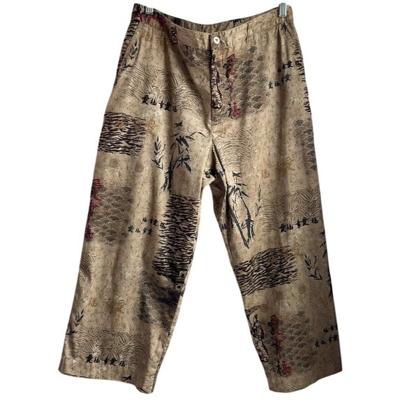 Chico's Pants - VTG Chicos Design Medium Beige Asian Print Wide-Leg Crop Pants Cotton Blend